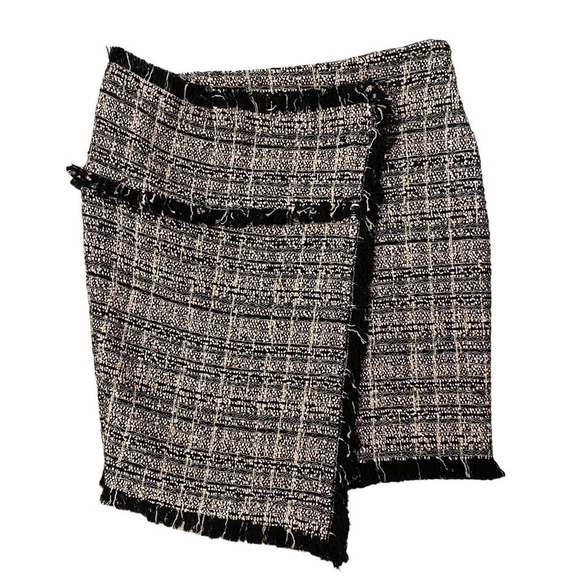 IRO Paris Beige Black Zip Up Layered Front Boucle Fringe Pencil Skirt Tweed 36 - Picture 1 of 7